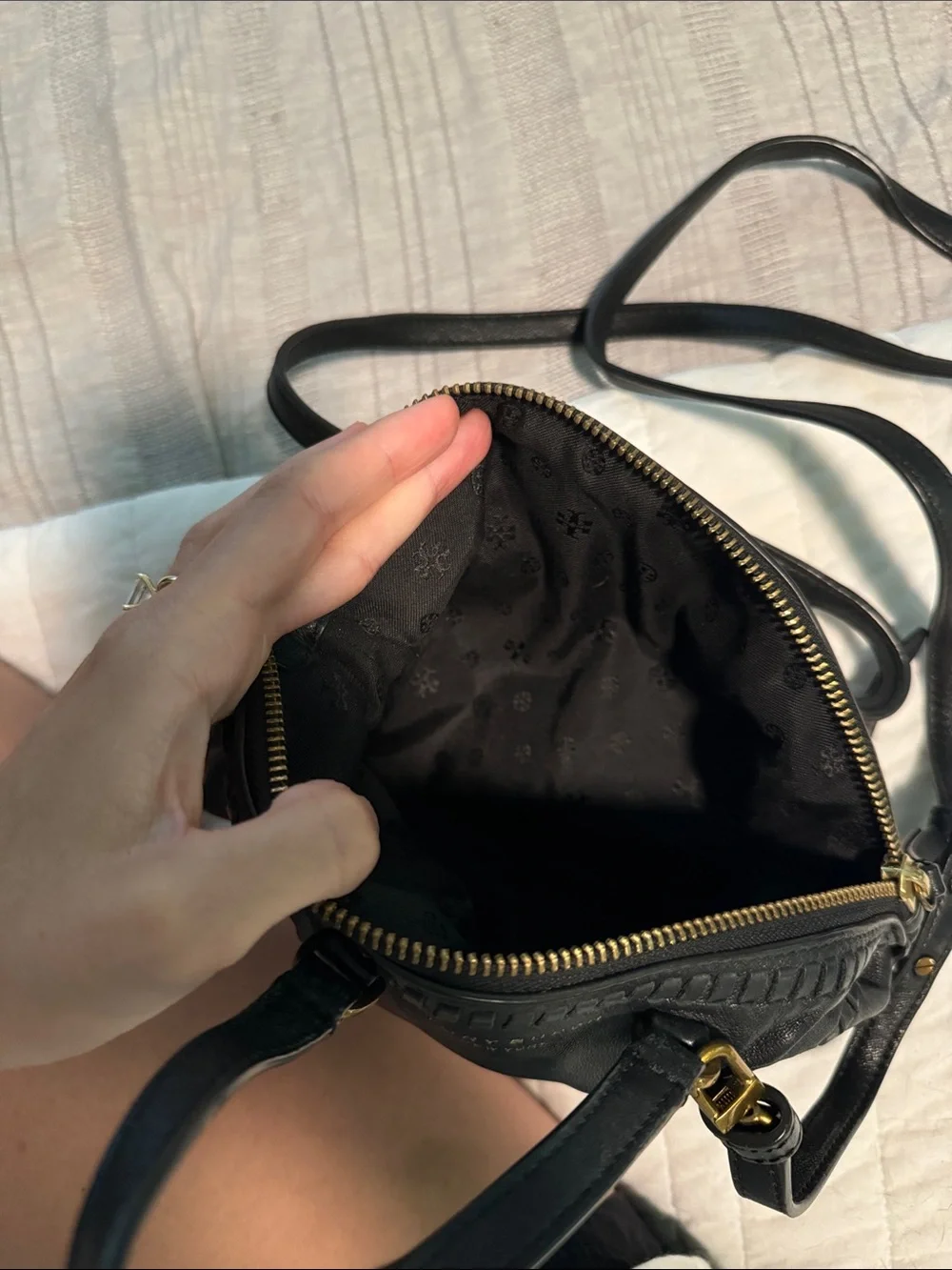 Tory Burch Black Leather Woven-Trim Crossbody Bag